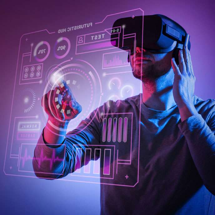 A man wearing virtual Reality glasses looking at a tablet | VR Accessories | Digital Transformation Solution | Advance Digital Transformation Solution | Playstation VR